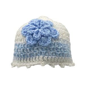 Girl’s Hand-Crocheted White and Baby Blue Flower Beanie